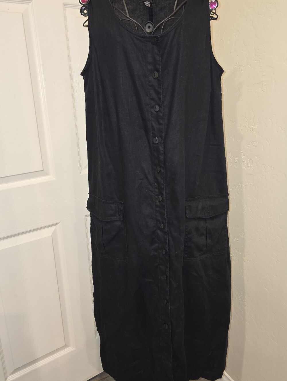 Linen Black Sleeveless Button-Front Dress